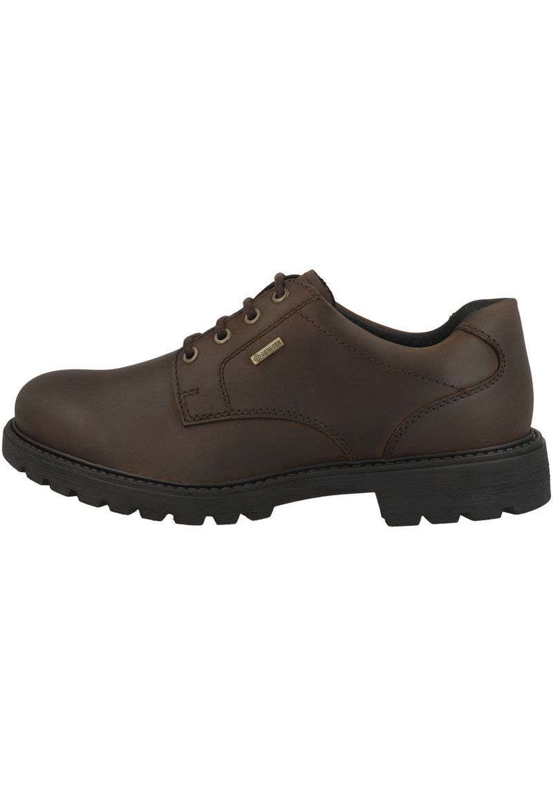 Scarpa in pelle marrone con punta arrotondata, design con lacci, superficie testurizzata e suola in gomma nera robusta con texture antiscivolo.