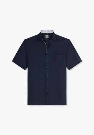 Marineblaue kurzärmelige Hemd mit Knöpfen, einer Fronttasche und gemusterter Innenkragen.
