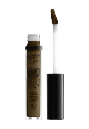 Tube des NYX Professional Makeup Can't Stop Won't Stop Kontur Concealers mit Applikator, der ein dunkelbraunes Produkt zeigt.