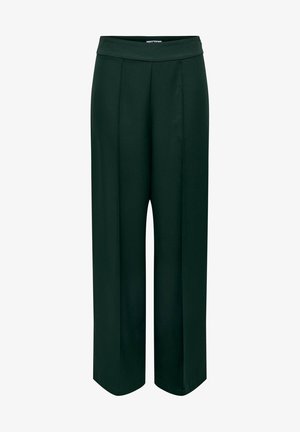 Pantalon à jambes larges en tissu vert foncé, présentant une texture lisse et une ceinture plate avec des plis. Lignes épurées et design minimaliste.