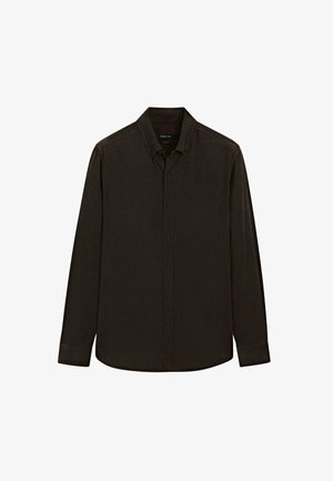 Dark brown long-sleeve button-up shirt with a collared neck, soft texture, and a straight cut. Features front buttons and cuffed wrists.