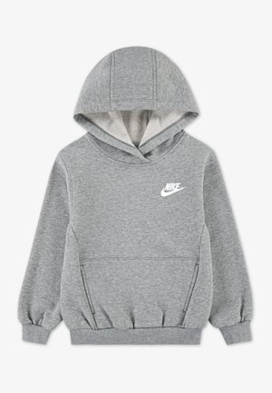 Grå hoodie i mjukt tyg med kenguruficka, ribbade muddar och en vit Nike-logotyp på bröstet. Huvan har ett fodrat innerfoder.