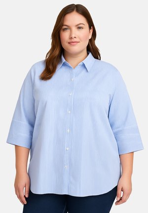 Blue and white striped button-up shirt with a collar, three-quarter sleeves, and a relaxed fit, made from lightweight fabric.