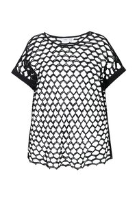 Sort mesh top med et diamantnetdesign, korte ærmer og ensfarvede sorte kanter. Letvægts, åbenvævet stof der giver en åndbar struktur.