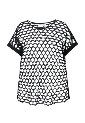 Haut en maille noire avec un design en losanges, manches courtes et bordures noires unies. Tissu léger à tissage ouvert offrant une texture respirante.