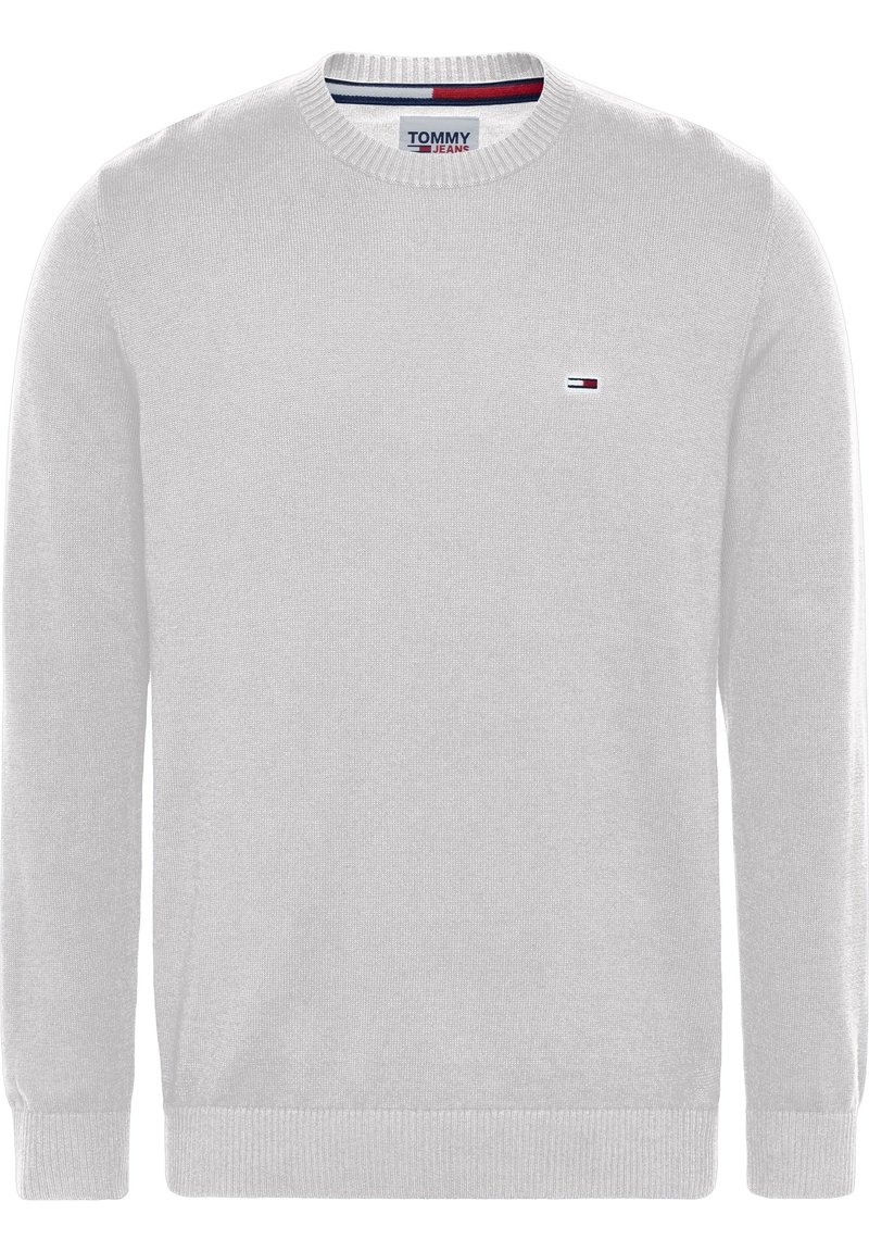 Ljusgrå stickad tröja med rund halsringning, långa ärmar, ribbade mudd och nederkant, samt en liten logotyp på bröstet.