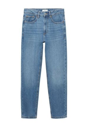 Jeans in denim bluastro con design a gamba dritta, stile a cinque tasche e vita media. Presentano leggere sfumature e dettagli di cucitura.
