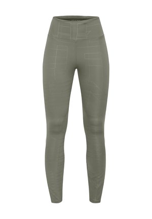 Olivgrüne Leggings aus elastischem Stoff, mit einem hohen Bund und abstrakten strukturierten Mustern auf der Oberfläche.