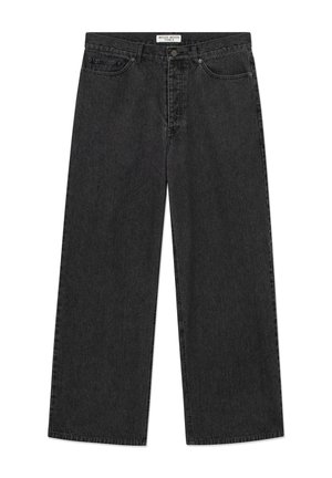Jean denim noir à jambes larges avec poches avant et fermeture par boutons, marqué "WOOD WOOD TYPE 5" sur la ceinture intérieure.