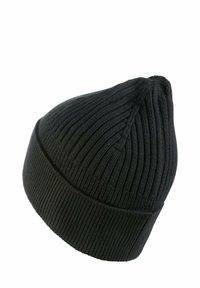 Zwarte gebreide beanie met een ribbelstructuur, conische vorm en een omgeslagen rand. Glad oppervlak met zichtbare stikdetails aan de kroon.
