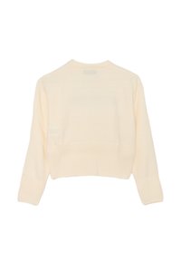 Maglione corto color crema realizzato in materiale a maglia, con dettagli a coste all'orlo e ai polsini, maniche lunghe e collo rotondo.