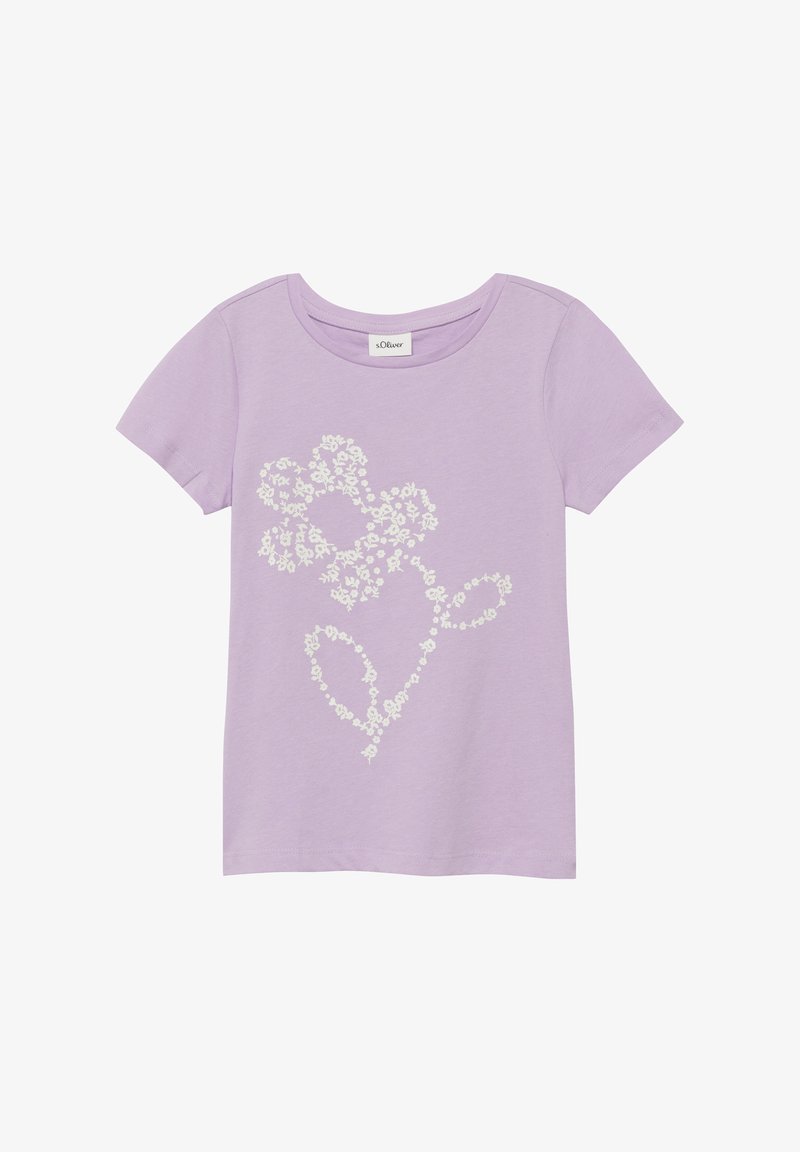 T-shirt lilas à manches courtes avec un col rond et un motif floral blanc formant une fleur au centre devant.