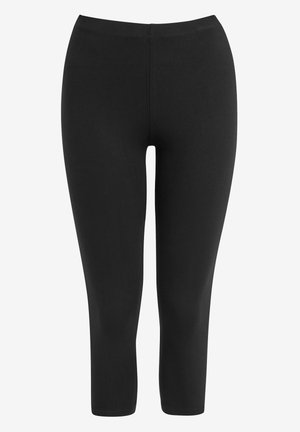 Musta leggings joustavasta materiaalista, jossa on korkea vyötärö, tiukka muotoilu ja lyhyt pituus, ilman näkyviä saumoja tai kuvioita.