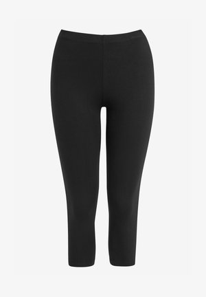 Black leggings made of stretchy material, featuring a high waistband, fitted shape, and cropped length, with no visible seams or patterns.