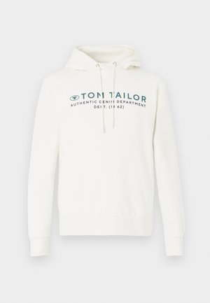 Weißer Kapuzenpullover mit Kängurutasche, ausgestattet mit einem grafischen Druck in dunkelblau auf der Vorderseite und verstellbaren Zugbändern an der Kapuze.