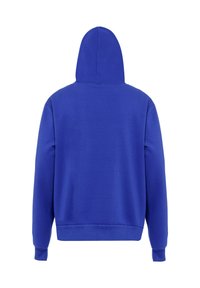 Blå hætteblend med lange ærmer, ribbede mansjetter og kant, glat tekstur, ingen synlige logoer eller mønstre, set fra ryggen.