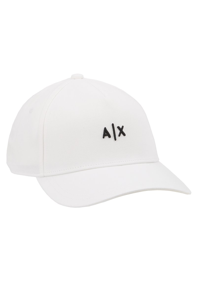 White baseball cap made of cotton twill, features a curved brim and black embroidered logo "A/X" on the front.
