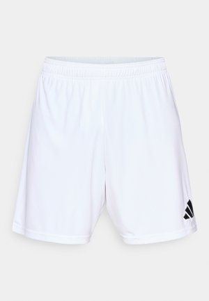 Shorts athlétiques blancs en tissu léger, avec une ceinture élastique et un logo Adidas noir sur le côté gauche.