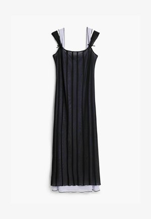 Black sheer dress with vertical stripes, featuring thin straps tied at the shoulders and layered fabric, with a lighter underskirt.