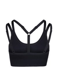 Črn športni modrček z nastavljivimi naramnicami, obliko čez hrbet in teksturiranim pasom z znamko "GORILLA WEAR". Narejen iz raztegljivega materiala.