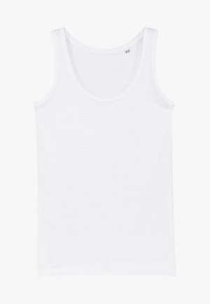 Top in cotone bianco senza maniche con spalline larghe, scollatura rotonda e una finitura liscia. Design semplice, senza dettagli o motivi aggiuntivi.