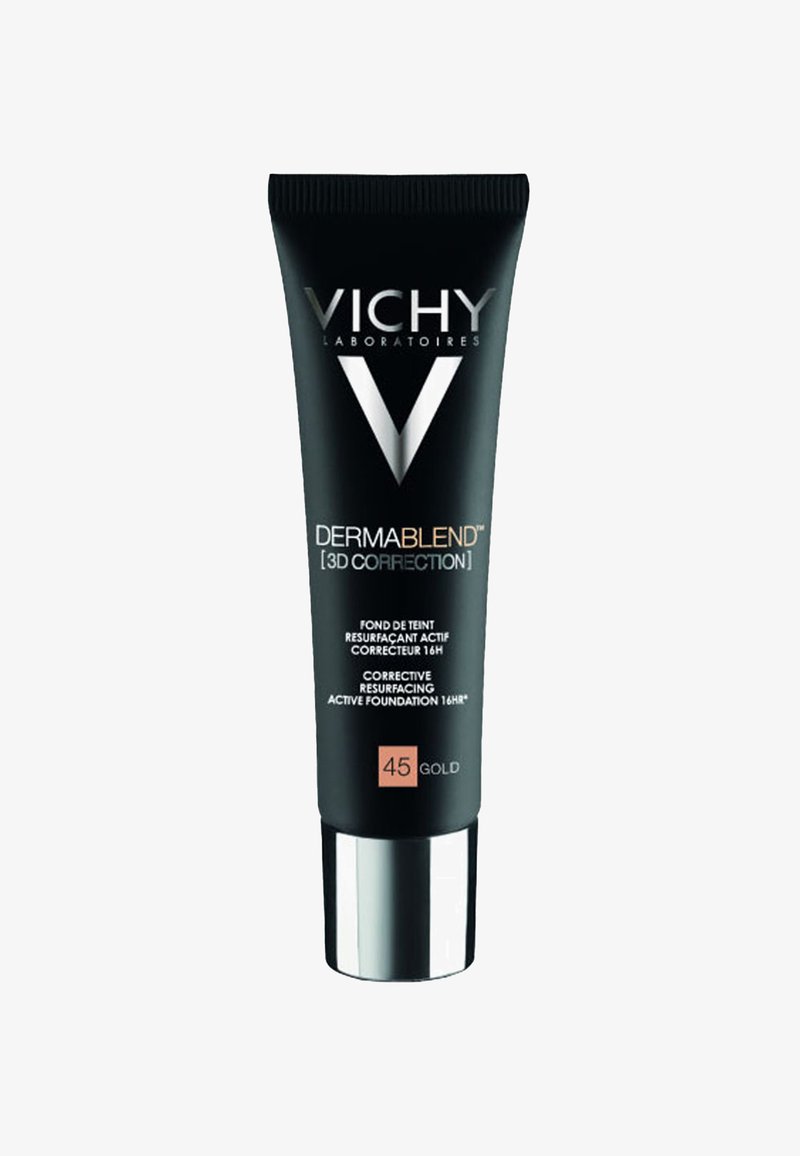 Black tube with silver base and cap, labeled "Vichy Dermablend 3D Correction," featuring 45 Gold shade and French text on front.