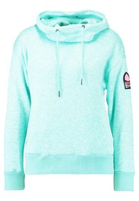 Sweat à capuche turquoise clair à enfiler, avec cordons, poignets et ourlet côtelés, et un patch de marque sur le haut de la manche gauche.