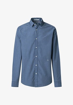 Meeste tumelõngast pikkade varrukatega särk, tumesinine valgete ruudumuster, nööbitav krae ja peen logo rinnal. Valmistatud kergest kangast.