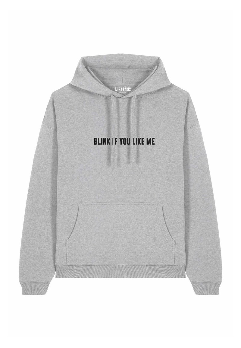 Felpa grigia in misto cotone, con tasca frontale, cappuccio regolabile e la scritta "FAI UN SEGNO SE TI PIACCIO" in nero.