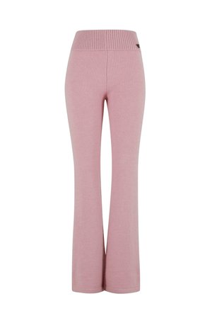 Pantaloni palazzo rosa con cintura a costine, realizzati in tessuto morbido, caratterizzati da un design semplice e senza motivi o dettagli visibili.