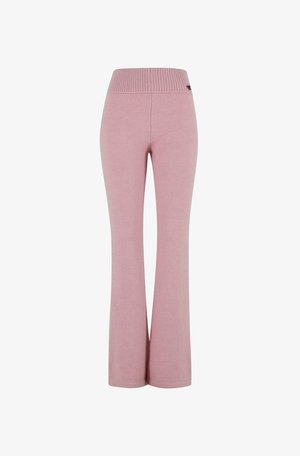 Pantaloni palazzo rosa con cintura a costine, realizzati in tessuto morbido, caratterizzati da un design semplice e senza motivi o dettagli visibili.