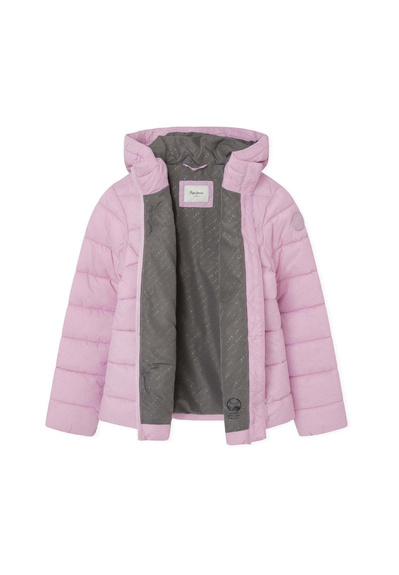 Roze pufferjack met capuchon, gevoerde buitenkant en grijze binnenvoering met een subtiel patroon. Bevat een label aan de binnenkant.