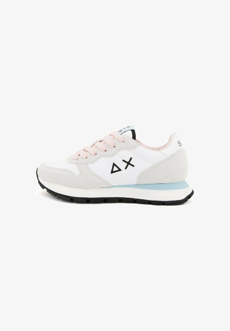 White and beige sneaker with pink laces, black sole, blue midsole detail, and black triangle and cross symbols on the side.