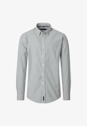 Koszula z długim rękawem, zapinana na guziki, w pionowe szare i białe paski, z kołnierzykiem zapinanym na guziki, kieszonką na klatce piersiowej oraz białymi guzikami z przodu.