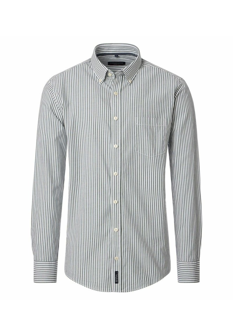 Lange mouw button-up shirt met verticale grijs-witte strepen, met knoopkraag, borstzak en witte knopen aan de voorkant.