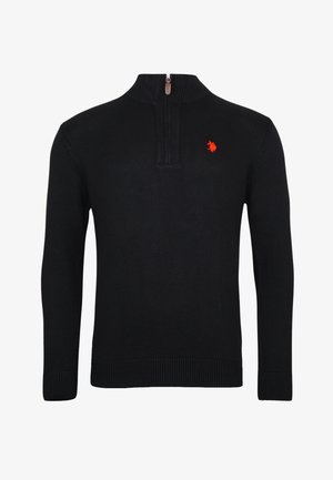 Maglione nero lavorato a maglia con collo alto zip. Presenta un piccolo logo rosso sul lato sinistro del petto. Polsini e orlo a costine.