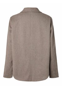 Blazer marron en chevron avec un col cranté, des manches longues et une coupe droite. Caractérisé par un tissu texturé et un ourlet légèrement incurvé.