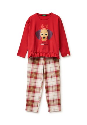 Red long-sleeve top with reindeer dog face and "Happy PAWlidays" text, paired with beige and red plaid long pants pajamas.