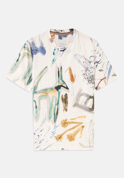 Short-sleeve white t-shirt featuring colorful animal and abstract designs. Made of soft fabric with a classic crew neckline.