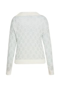 Maglione lavorato a maglia di un azzurro chiaro con un intricato motivo a diamante, polsini e orlo a costine, e ampio colletto di un bianco contrastante.