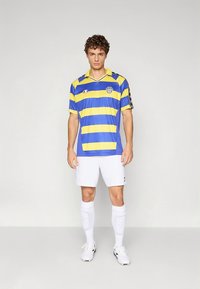 Maglia da calcio a strisce blu e gialle con scollo a V, logo Champion sul petto, abbinata a pantaloncini bianchi e calzettoni coordinati.