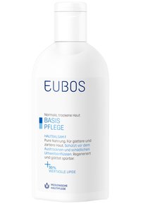 White plastic bottle with a flip-top cap, labeled "EUBOS BASIS PFLEGE HAUTBALSAM F." Text in blue and black, mentioning skin hydration and protection.