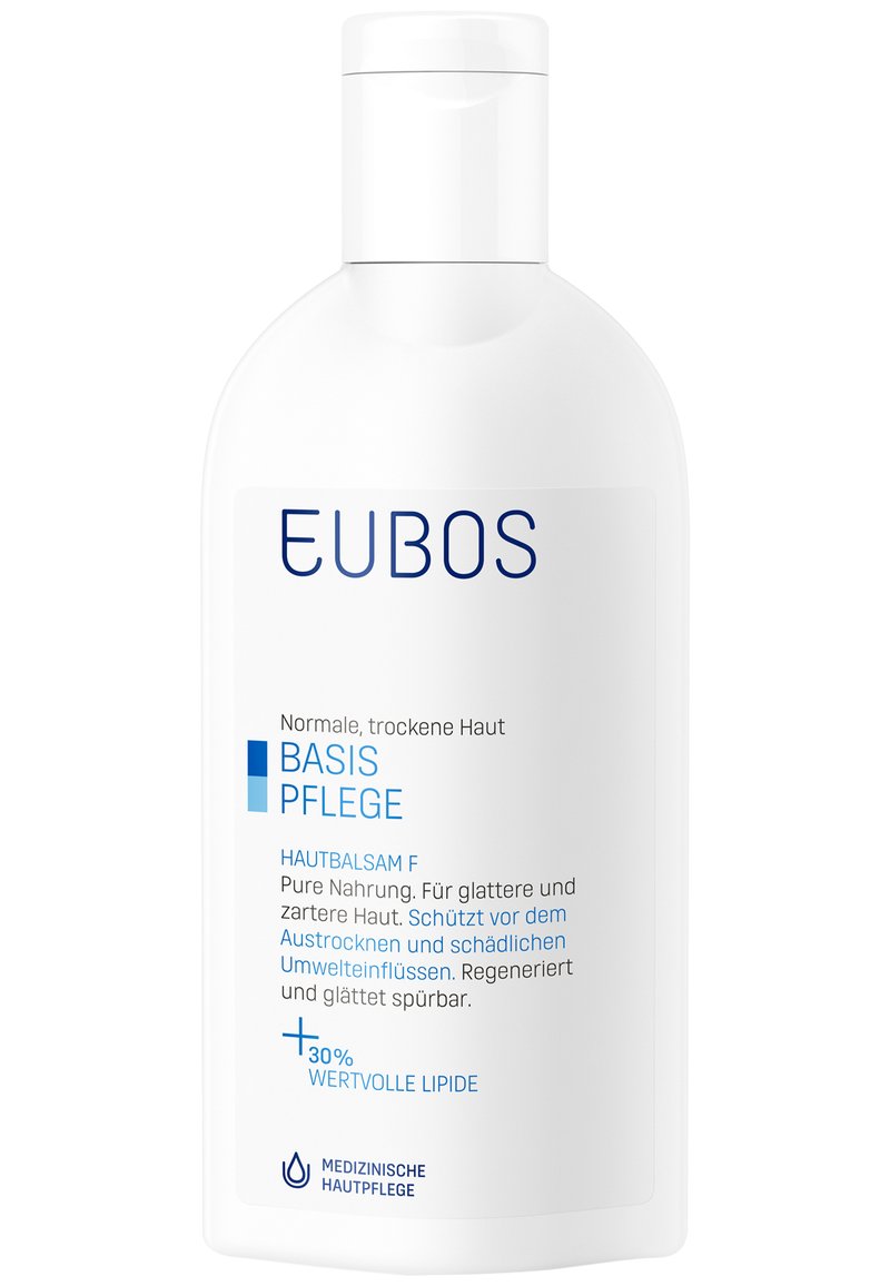 White plastic bottle with a flip-top cap, labeled "EUBOS BASIS PFLEGE HAUTBALSAM F." Text in blue and black, mentioning skin hydration and protection.