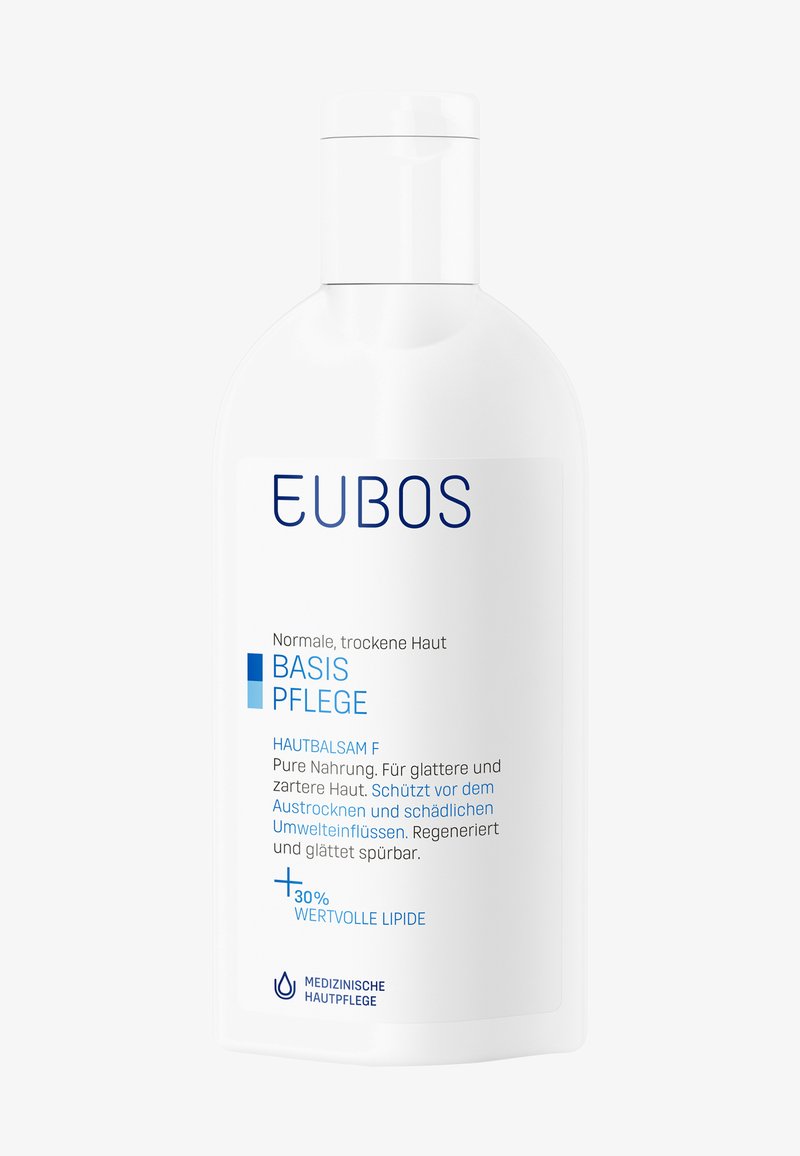 White plastic bottle with a flip-top cap, labeled "EUBOS BASIS PFLEGE HAUTBALSAM F." Text in blue and black, mentioning skin hydration and protection.