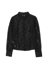 Schwarze Langarm-Spitzenbluse mit floralem Muster, Satin-Kragen und geknöpften Manschetten, von hinten auf weißem Hintergrund gezeigt.