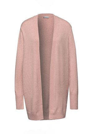 Hellrosa Cardigan mit offener Vorderseite, gerippten Bündchen und Saum. Hergestellt aus weichem Material, mit lässiger Passform und glatter Textur.