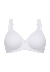 White padded bra with smooth fabric, floral lace detailing on straps, and a classic underwire design. Scalloped edges accent the band.