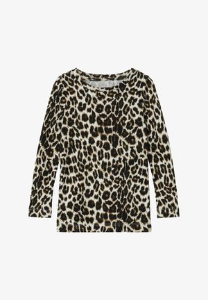 Langärmliges Oberteil im Leopardenmuster mit Braun- und Schwarztönen auf einem cremefarbenen Hintergrund, mit Rundhalsausschnitt und geripptem Textil.