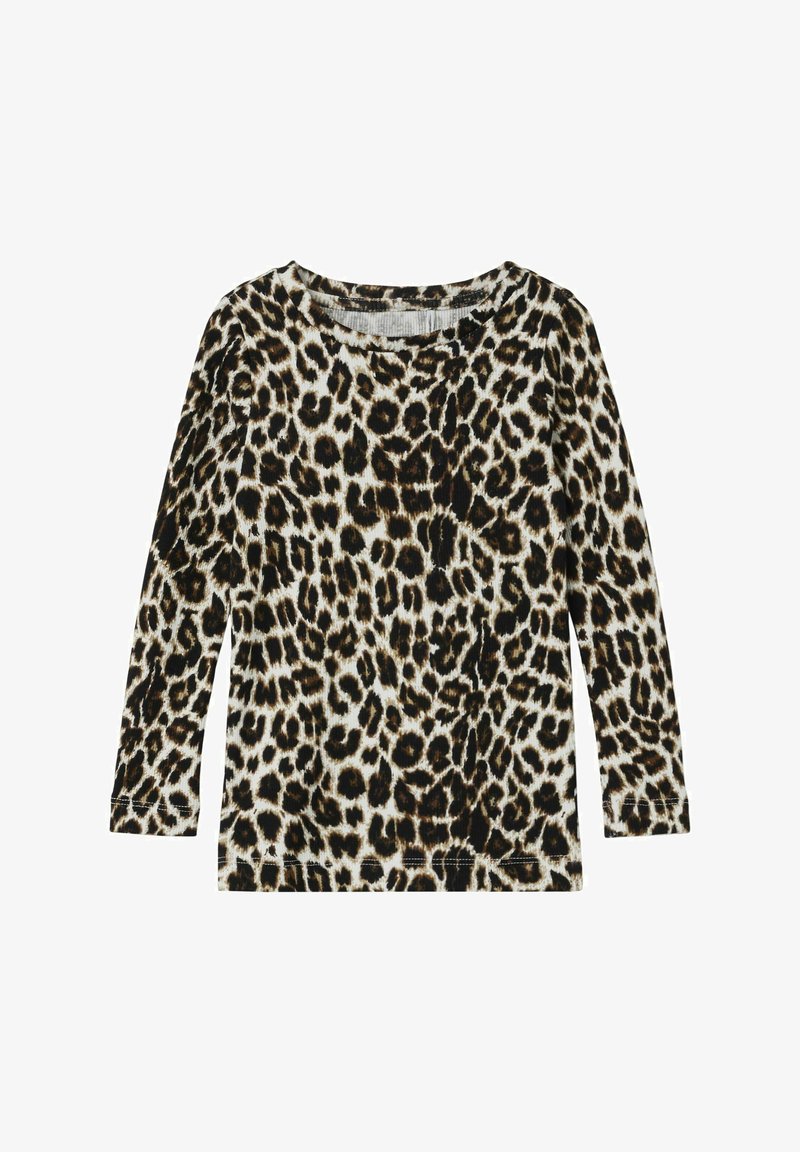 Bluzka z długim rękawem w cętkowany wzór przedstawiający odcienie brązu i czerni na kremowym tle, z okrągłym dekoltem i żebrowaną teksturą.