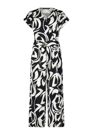 Zwart-wit gestreepte jumpsuit met een wikkelontwerp, korte mouwen, brede pijpen, een geknoopte taille en een decoratieve gesp.